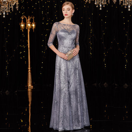 Women's Silver Grey Long Stage Concert Evening Dress