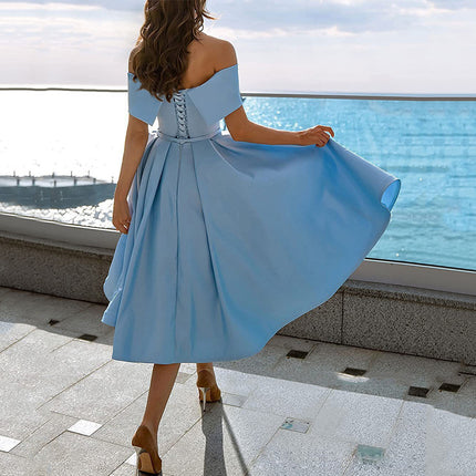 Women's Fashion Strapless Off The Shoulder Satin Party Dress With Pockets