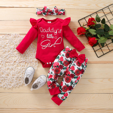 Girls 3-Piece Cotton Romper Suit | Floral & Letter Print with Ribbon (70–100cm)