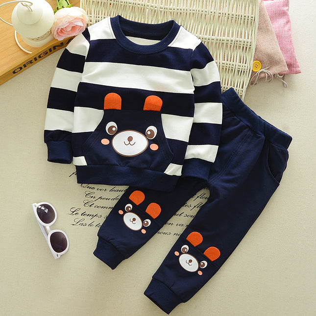 Boys Cartoon Bear Striped Sweater Suit