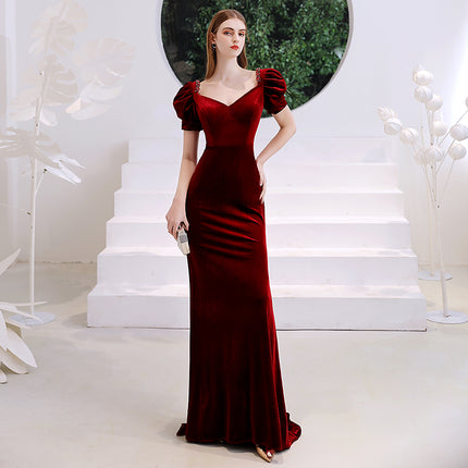 Wine Red Velvet Fishtail Evening Dress
