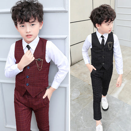 Boys Plaid Vest Suit Set with Brooch