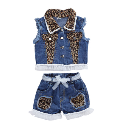 Girls Trendy 2-Piece Denim & Leopard Print Set
