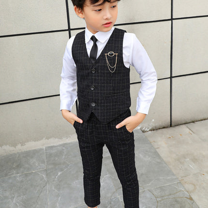 Boys Plaid Vest Suit Set with Brooch