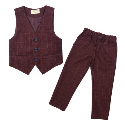 Boys Plaid Vest Suit Set with Brooch