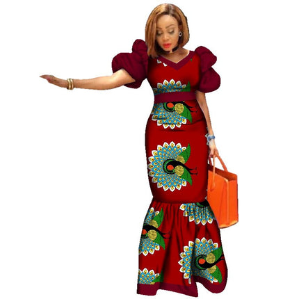 Women's Elegant Puff Sleeve African Print Maxi Dress