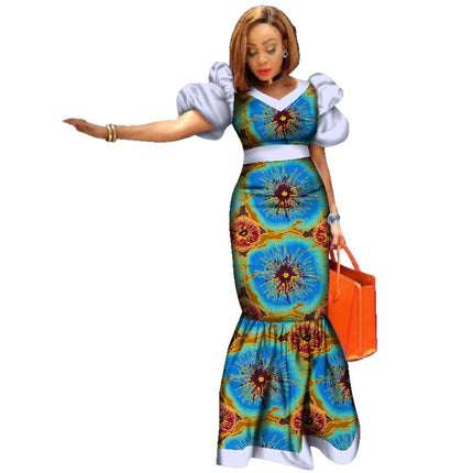 Women's Elegant Puff Sleeve African Print Maxi Dress