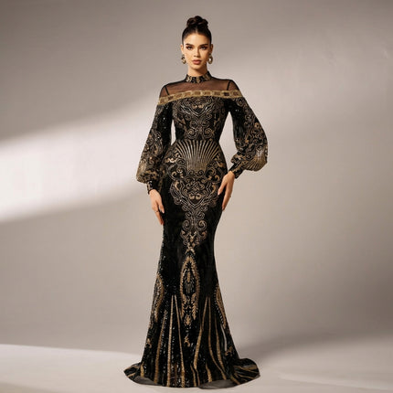 Long Sleeve Round Neck Sequins Mesh Fishtail Evening Dress